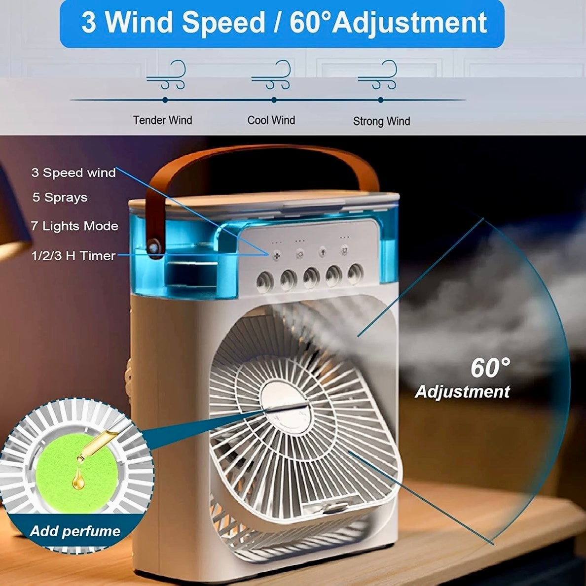 Portable Air Cooler Fan with Humidifier & LED Light