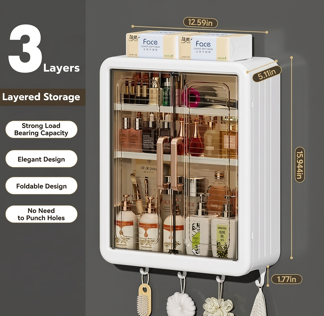 Premium Wall Mounted Bathroom Storage Cabinet with Hooks
